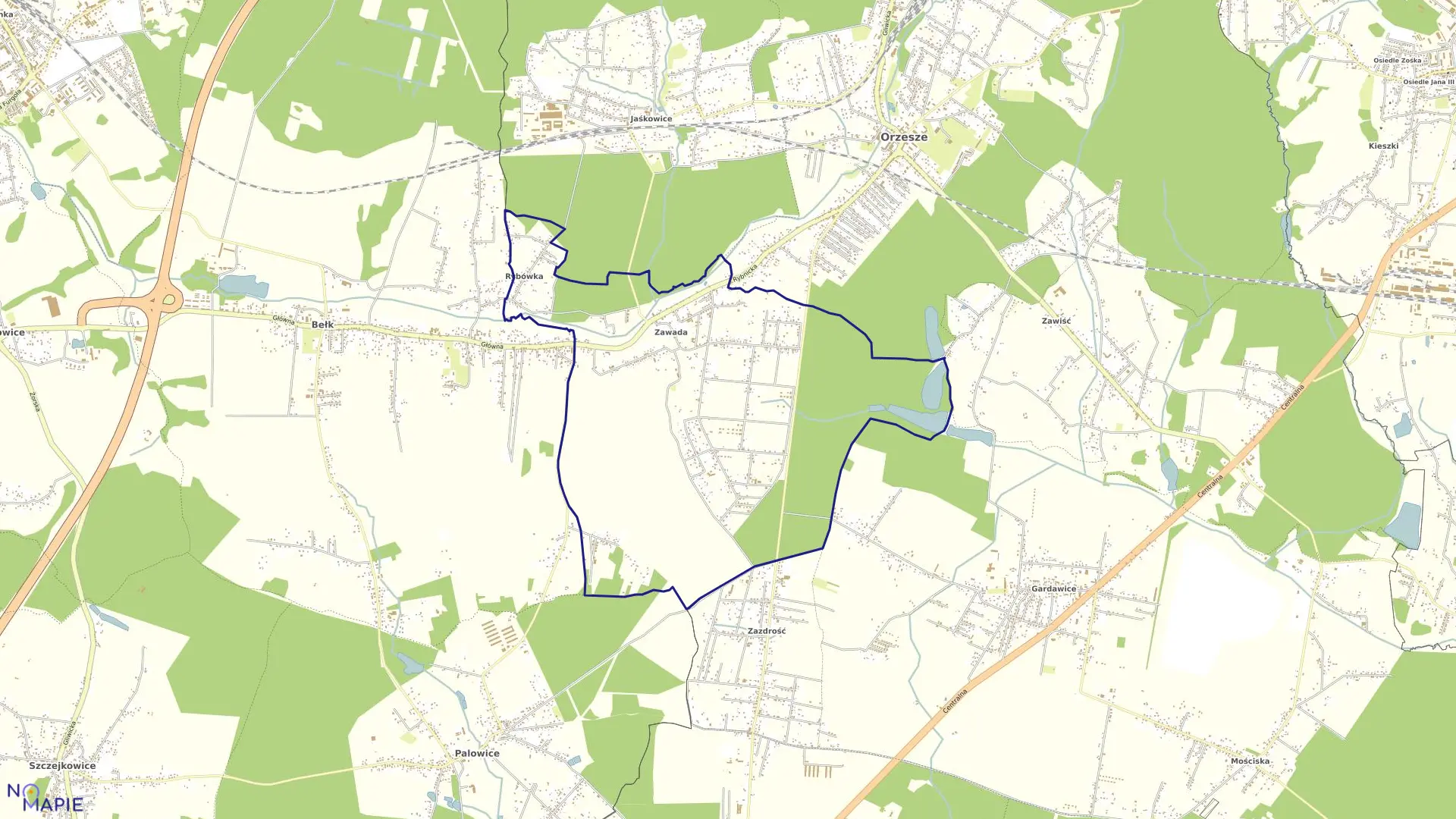 Mapa obrębu Zawada w mieście Orzesze